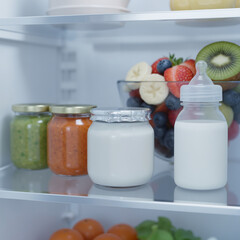 Baby probiotic yogurt jar in refrigerator