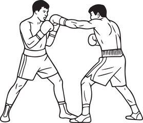two male boxers exchanging a straight punch and guard stance line art vector black and white sport illustration