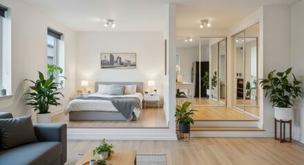Fototapeta premium Modern Minimalist Studio Apartment Living Space with Elevated Bedroom and Mirrored Wardrobes