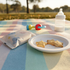 Baby snack biscuits pack with milk bottle on picnic blanket
