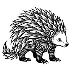 Graphic black and white illustration of a stylized hedgehog