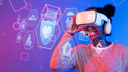 A joyful woman is immersed in a virtual reality experience, wearing a VR headset, surrounded by colorful digital icons representing technology and health themes. Raster