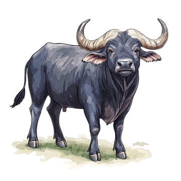 Water Buffalo, watercolor clipart vector, isolated on a white background.