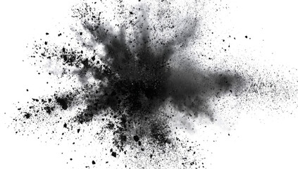 Dark gray black dust powder explosion transparent PNG, isolated background. Dynamic blast eruption, monochrome color effect