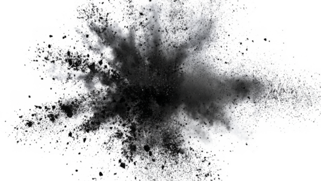 Dark gray black dust powder explosion transparent PNG, isolated background. Dynamic blast eruption, monochrome color effect - Powered by Adobe