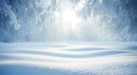Fototapeta premium Softly lit winter scene with snowy landscape and trees frosted with ice