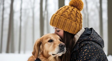 Young woman hugs golden retriever dog in snowy forest wearing cozy winter hat and jacket