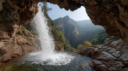 waterfall viewed from the plunge pool, spray droplets sparkling