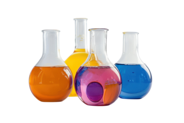 Colorful glass flasks filled with vibrant liquids arranged artistically on a light background evoke a sense of scientific discovery and creativity isolated on transparent background