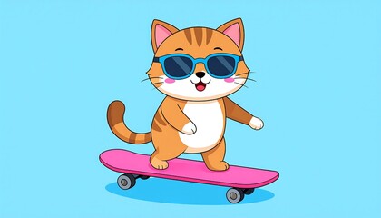 Cute cartoon cat riding a skateboard