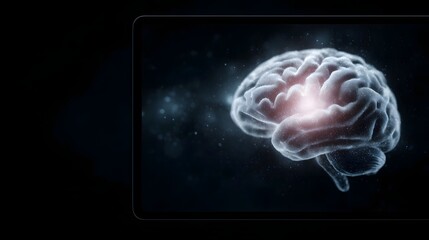 A translucent glowing brain icon illuminates a dark digital screen representing neural activity and cognitive processes in a futuristic setting