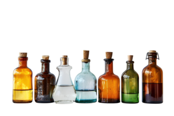 Artful display of vintage glass bottles in various colors arranged on a simple background, showcasing their unique shapes and textures isolated on transparent background