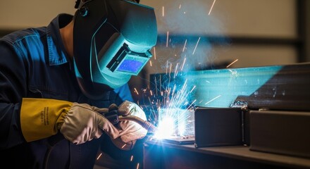Skilled Welder Performing Metal Fabrication With Bright Sparks Flying in Industrial Setting