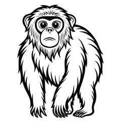 Black and white illustration of a cute furry orangutan
