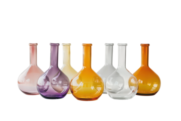 Colorful glass vases arranged elegantly on a minimalistic background during golden hour for an artistic display of craftsmanship isolated on transparent background