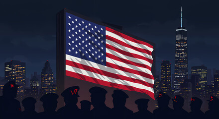  American flag against a city skyline at night, symbolizing Veterans Day.