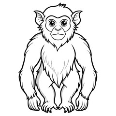 Cartoon Monkey Sitting, Black and White Outline Illustration