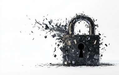 Futuristic digital visualization of hacking with shattered lock and exposed data streams isolated on transparent background PNG