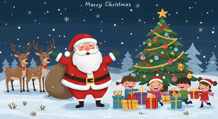 A cute Christmas illustration with a chubby Santa Claus, happy reindeer, decorated Christmas tree, and colorful gifts, snowy background with twinkling stars