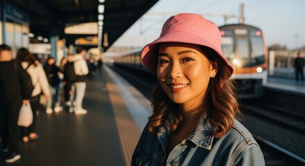 Young Woman at Train Station Waiting for Transportation