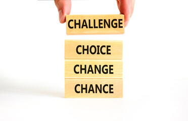 Challenge choice change chance symbol. Concept words Challenge choice change chance on beautiful wooden blocks. Beautiful white background. Business Challenge choice change chance concept. Copy space.