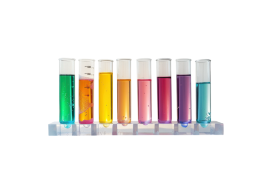 Vibrant test tubes filled with colorful liquids arranged on a white background, showcasing a spectrum of chemical reactions in a laboratory setting isolated on transparent background