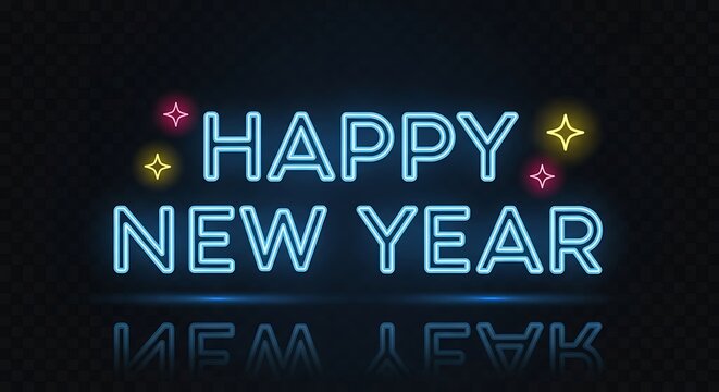 Glowing Neon "Happy New Year" Text with Star Accents and Reflection