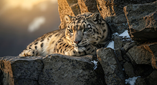 Rare snow leopard relaxing on rocky terrain, a stunning wildlife portrait conveying peace, strength, and the beauty of nature in a serene mountain habitat
