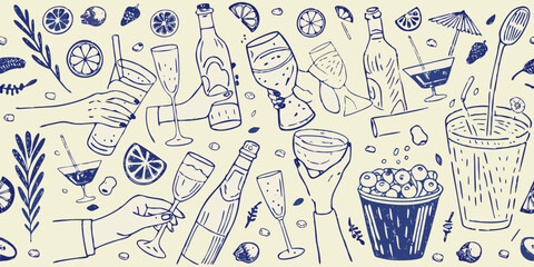 Hand drawn illustration of a festive party with drinks fruits and hands holding glasses and bottles