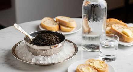 Exotic Seafood Delight Served with Toasted Bread and Refreshing Water