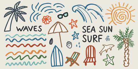 Obraz premium Hand drawn doodle illustration of summer beach vacation elements with waves sun surf and palm trees