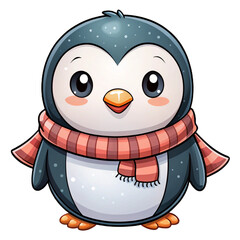 Cute cartoon penguin with red scarf. Winter illustration