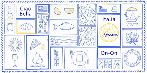Whimsical italian collage featuring food travel and cultural icons in blue and yellow