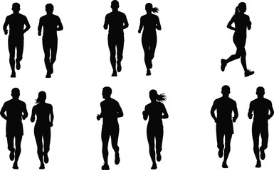 Professional runners silhouette in various jogging poses for health, fitness, sports, and marathon concepts vector illustration