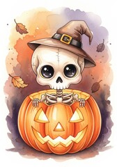 Fototapeta premium Cute watercolor illustration for Halloween. Adorable skeleton in witch hat holds jack-o'-lantern candy bucket. Whimsical night scene with moon and bats. Hand-painted artwork perfect for greeting cards