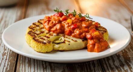 Delicious Grilled Cauliflower Steak With Savory Pepper Sauce Topped With Fresh Herbs