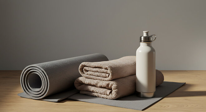 Neutral yoga mat, water bottle and towels create a calming wellness vibe, ideal for fitness blogs, meditation guides, and healthy lifestyle promotions