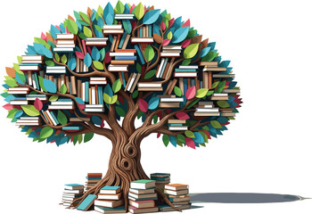 Book tree illustration, education and growth concept, colorful leaves, knowledge symbol, learning design, vector graphic, editable academic theme artwork