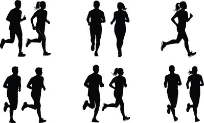 Professional runners silhouette in various jogging poses for health, fitness, sports, and marathon concepts vector illustration