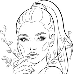 Stylish woman portrait with raised hand and floral elements, black and white line art for tattoo, fashion, and coloring