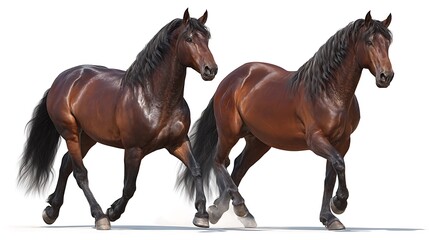 Obraz premium A beautiful pair of elegant brown horses isolated on white background 