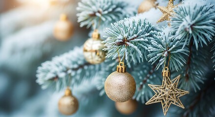 Festive christmas tree decorations with gold ornaments and pine needles close up view