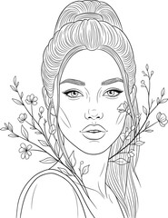  Elegant woman portrait with floral hair design, botanical line art illustration, black and white beauty sketch for fashion and decor