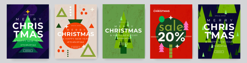 Creative 2026 Sale for Merry Christmas and Happy New Year. Offering 50-20% Discount. Set of Trendy Abstract 3D Patterns for Advertising, Web, Social Media, Posters, Banners, Covers. Vector Illustratio