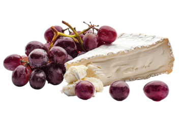 Delicious brie cheese accompanied by a cluster of fresh purple grapes, showcasing a perfect pairing for a delightful appetizer isolated on transparent background