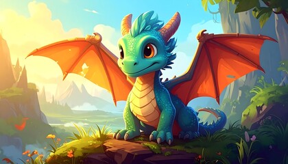 Cute cartoon dragon in a serene landscape