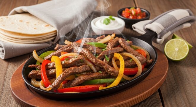 Sizzling Fajitas with Steak Bell Peppers and Onions on a Cast Iron Skillet - Powered by Adobe
