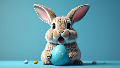 Cute cartoon Easter bunny holding a pastel egg
