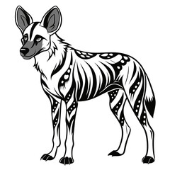 Stylized black and white illustration of an African wild dog