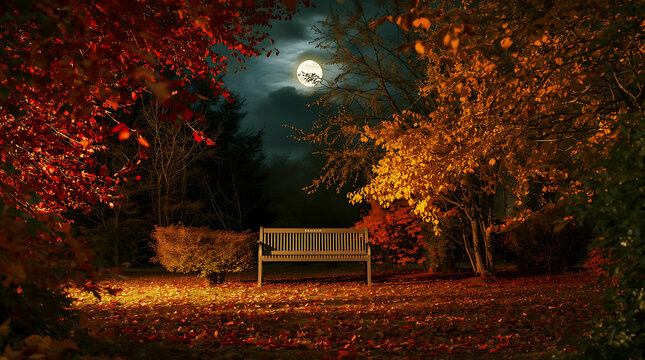 autumn Enchanting garden bench under moonlit night ambiance serene nature scene
